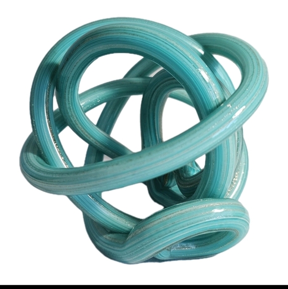 Teal Blue Turquiose Shiny Abstract Art Glass Rope Knot Sculpture Modern Decor - Picture 1 of 6